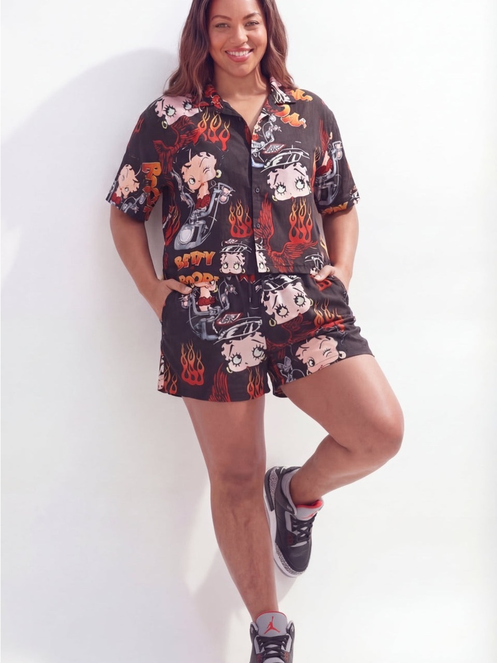 Reason Black Betty Boop Button-Down Shirt and Shorts with Flame Motif
